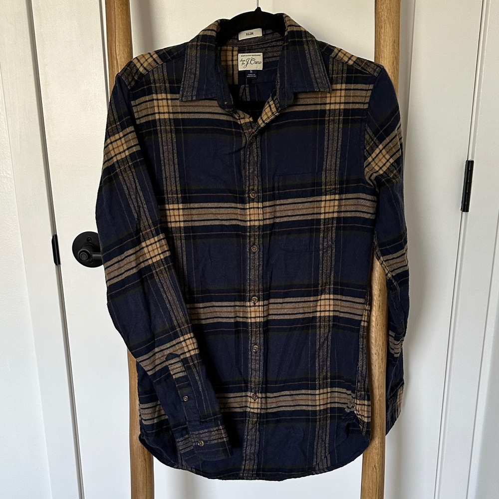 J. Crew Men's Navy and Brown Slim Fit Flannel Shirt